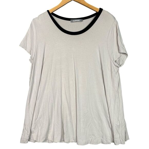 Alembika Beige Black Trim Tunic Top Womens 10-12 Oversized Relaxed Stretch - Picture 1 of 10